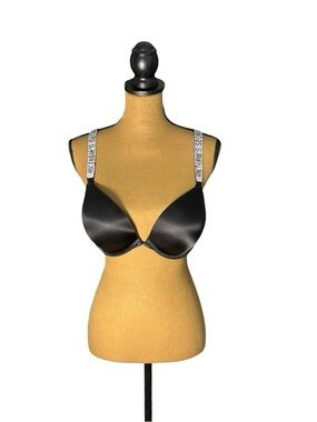 Victoria Secret Bombshell Plunge Push Up Bra 38 C Black Rhinestone Strap Mcbling